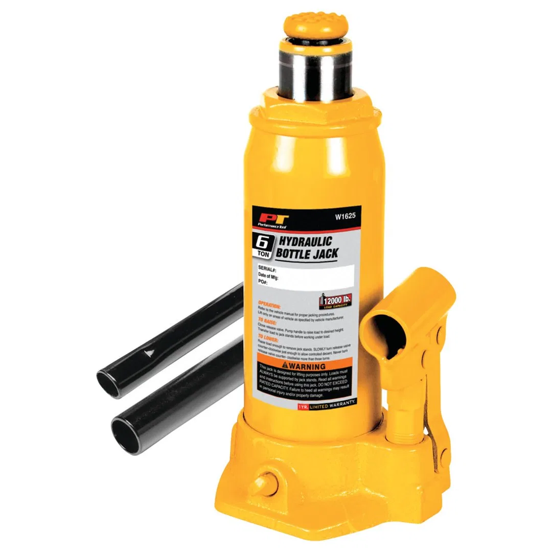 W1625 – PERFORM TOOL Jack, Bottle Jack Hydraulic 6 Ton Capacity 8-1/2 To 16-1/4 Inch Lift Height Yellow
